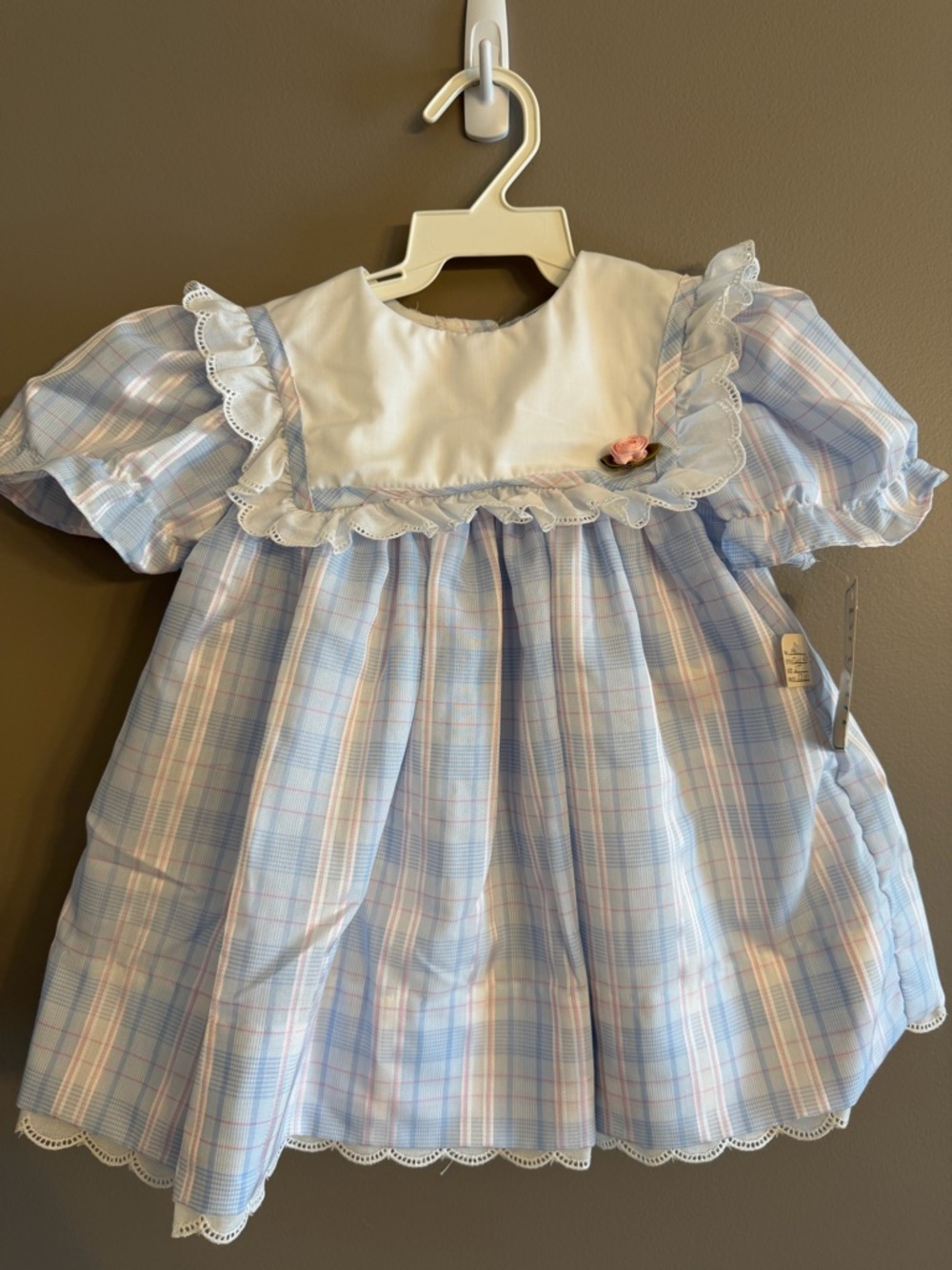 Vtg Bryan Baby Dress 2T NWT Blue Pink Plaid Ruffle Rosebud Tiered Slip 2pc Set